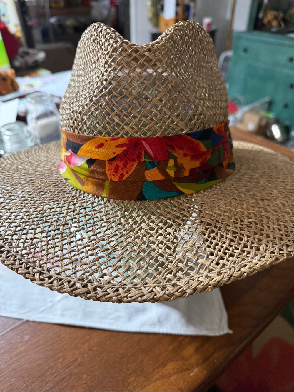 Vintage Original Panama Jack Straw Hat Beach Tropical Floral Headband Mens L
